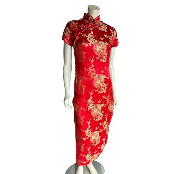 Vintage Red Golden Dragon Cheongsam Qipao Dress Size Small - Picture 15 of 16